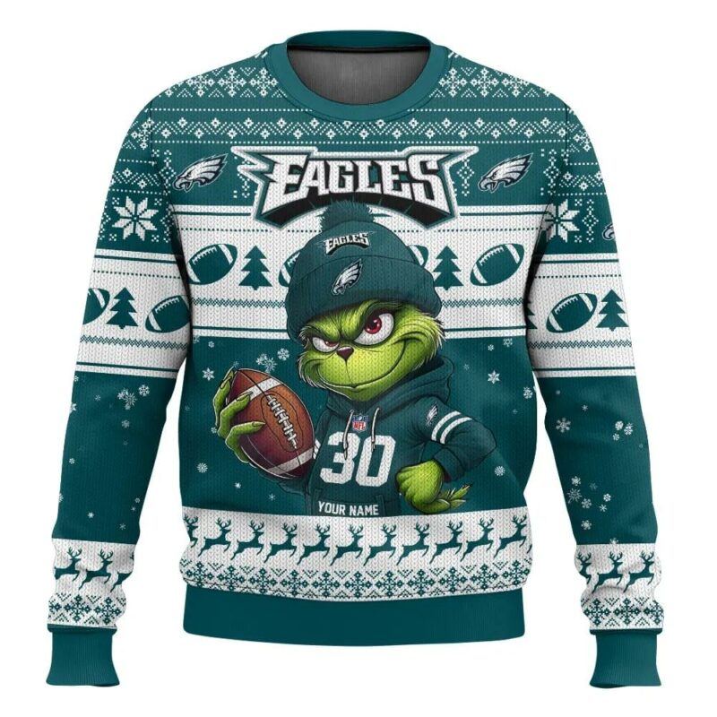 Personalized Philadelphia Eagles Grinch Ugly Christmas Sweater, NFL Christmas Sweater