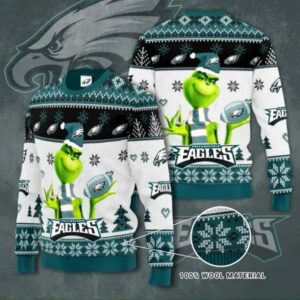 Philadelphia Eagles Grinch Knit Ugly Christmas Sweater, NFL Christmas Sweater