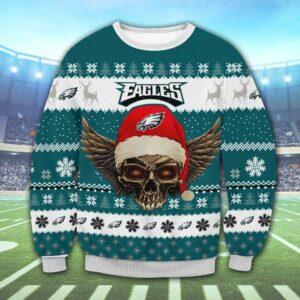 Philadelphia Eagles Skull Ugly Christmas Sweater, NFL Christmas Sweater