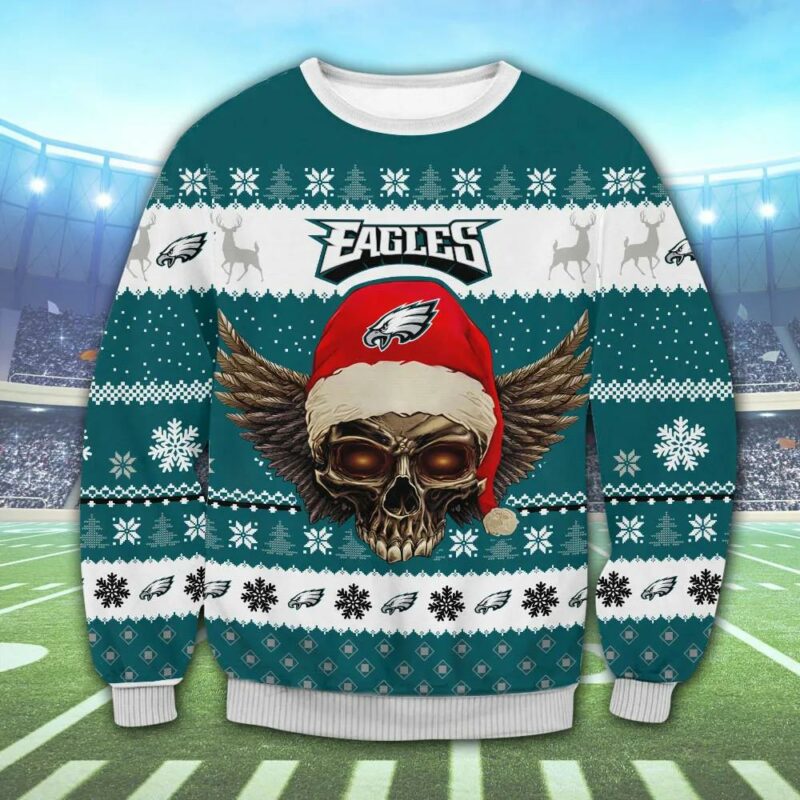Philadelphia Eagles Skull Ugly Christmas Sweater, NFL Christmas Sweater