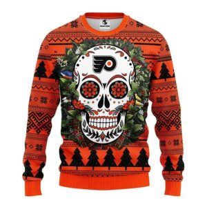 Philadelphia Flyers Skull Flower Ugly Christmas Sweater, NHL Christmas Sweater