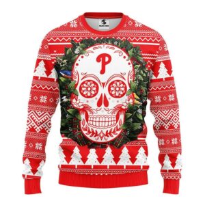 Philadelphia Phillies Skull Flower Ugly Christmas Sweater, MLB Christmas Sweater