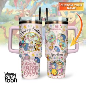 Winnie The Pooh x Happy Easter Cartoon Custom Stanley Quencher 40oz Stainless Steel Tumbler With Handle - Threewoofs