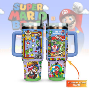 Super Mario Games Custom Stanley Quencher 40oz Stainless Steel Tumbler With Handle - Threewoofs
