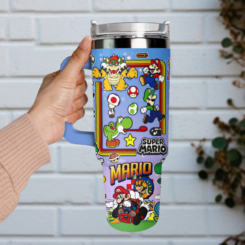 Super Mario Games Custom Stanley Quencher 40oz Stainless Steel Tumbler With Handle - Threewoofs - Image 2