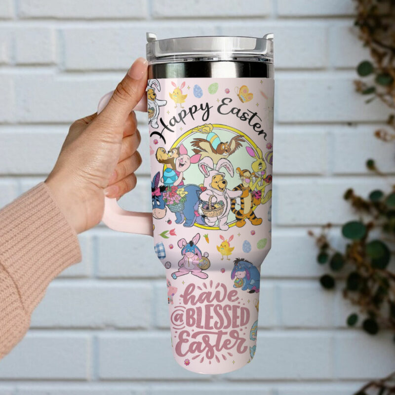 Winnie The Pooh x Happy Easter Cartoon Custom Stanley Quencher 40oz Stainless Steel Tumbler With Handle - Threewoofs - Image 2