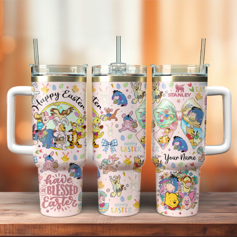 Winnie The Pooh x Happy Easter Cartoon Custom Stanley Quencher 40oz Stainless Steel Tumbler With Handle - Threewoofs - Image 3