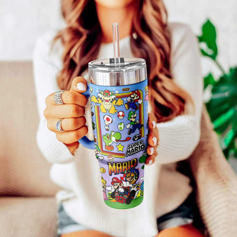 Super Mario Games Custom Stanley Quencher 40oz Stainless Steel Tumbler With Handle - Threewoofs - Image 4