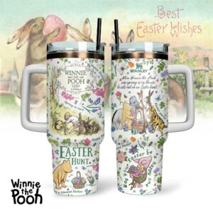 Winnie The Pooh x Happy Easter Cartoon Custom Stanley Quencher 40oz Stainless Steel Tumbler With Handle - Threewoofs