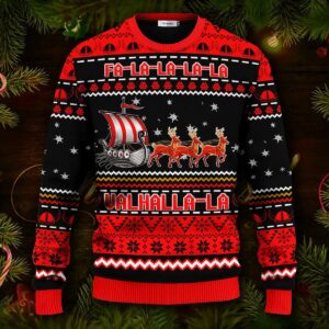 Red Falalalala Valhallala Viking Ships Viking Ugly Christmas Sweater
