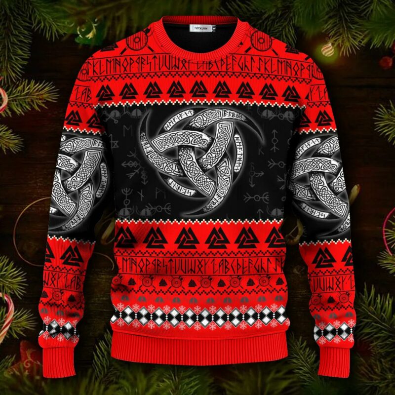 Red Triple Horn Pattern Viking Ugly Christmas Sweater