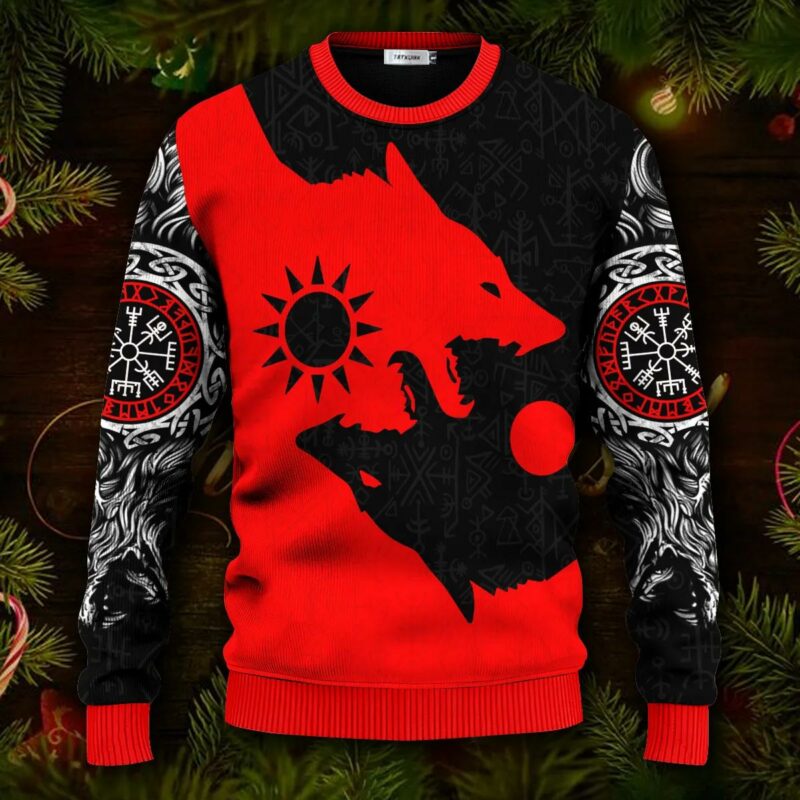 Red Wolf Black Wolf Viking Ugly Christmas Sweater