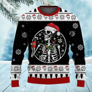 Skeleton Drinking Coffee Skull Funny Ugly Christmas Sweater Men & Women, Skull Xmas Sweater