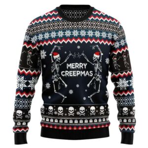 Skeleton Merry Creepmas Ugly Christmas Sweater, Funny Skull Xmas Sweater