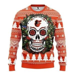 Skull Flower Calavera Baltimore Orioles Christmas Ugly Sweater, MLB Christmas Sweater