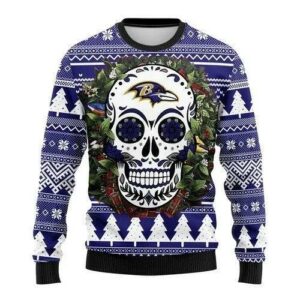 Skull Flower Calavera Baltimore Ravens Ugly Christmas Sweater, NFL Christmas Sweater