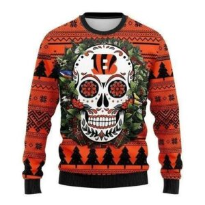Skull Flower Calavera Cincinnati Bengals Ugly Christmas Sweater, NFL Christmas Sweater