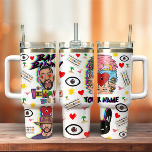 Bad Bunny Music Custom Stanley Quencher 40oz Stainless Steel Tumbler With Handle - Threewoofs