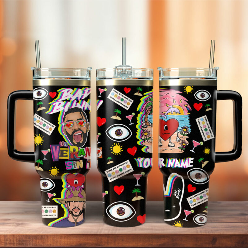Bad Bunny Music Custom Stanley Quencher 40oz Stainless Steel Tumbler With Handle - Threewoofs