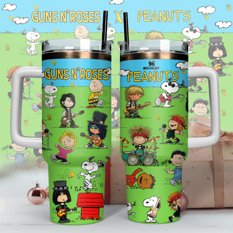 Guns N‚Äô Roses x Peanuts Music Custom Stanley Quencher 40oz Stainless Steel Tumbler With Handle - Threewoofs - Image 2