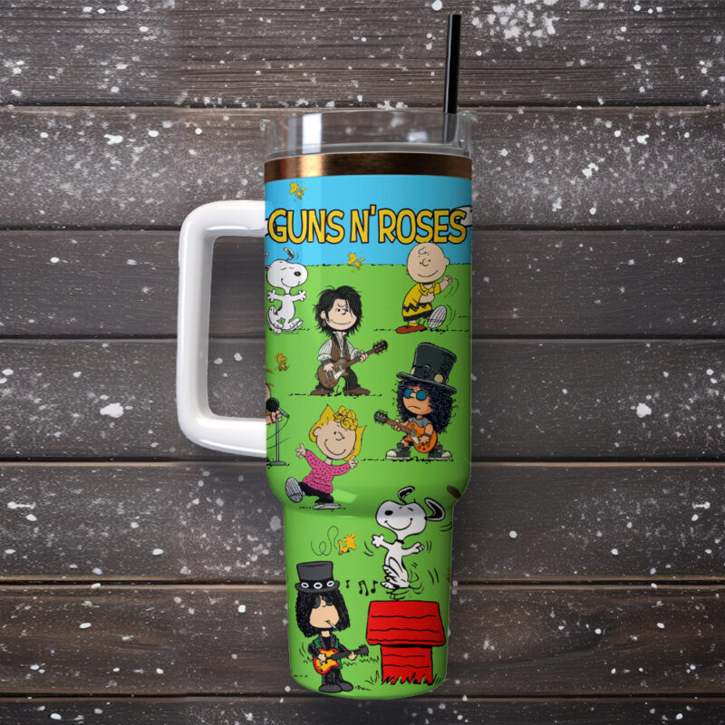 Guns N‚Äô Roses x Peanuts Music Custom Stanley Quencher 40oz Stainless Steel Tumbler With Handle - Threewoofs - Image 4