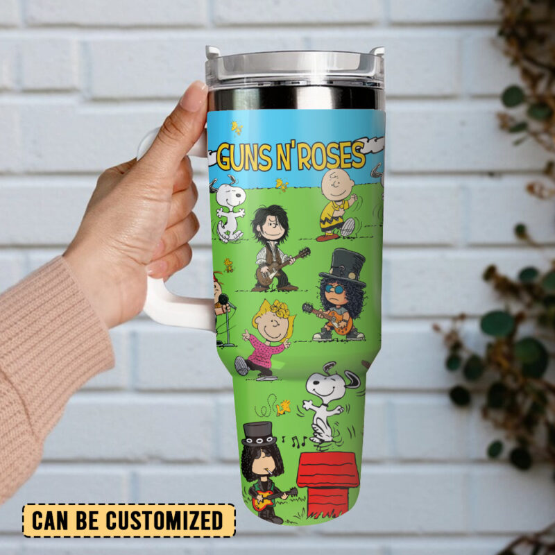 Guns N‚Äô Roses x Peanuts Music Custom Stanley Quencher 40oz Stainless Steel Tumbler With Handle - Threewoofs - Image 3