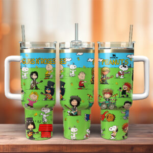 Guns N‚Äô Roses x Peanuts Music Custom Stanley Quencher 40oz Stainless Steel Tumbler With Handle - Threewoofs