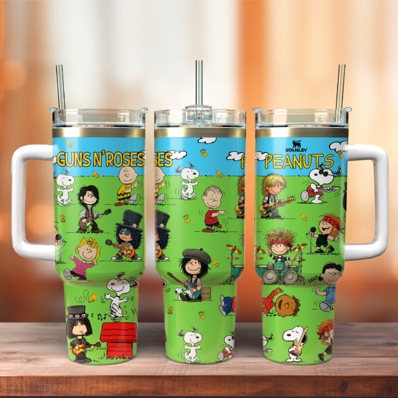 Guns N‚Äô Roses x Peanuts Music Custom Stanley Quencher 40oz Stainless Steel Tumbler With Handle - Threewoofs