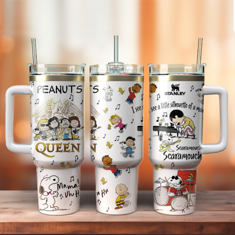 Snoopy x Queen Music Custom Stanley Quencher 40oz Stainless Steel Tumbler With Handle - Threewoofs