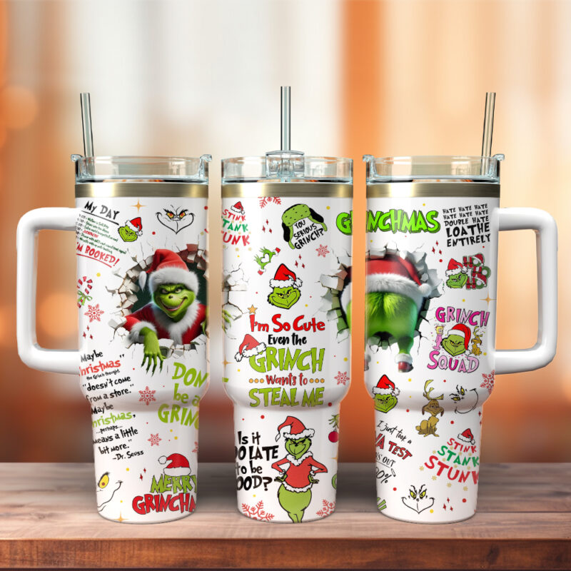 The Grinch Movies Christmas Custom Stanley Quencher 40oz Stainless Steel Tumbler With Handle - Threewoofs