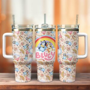 Bluey Cartoon Custom Stanley Quencher 40oz Stainless Steel Tumbler With Handle - Threewoofs