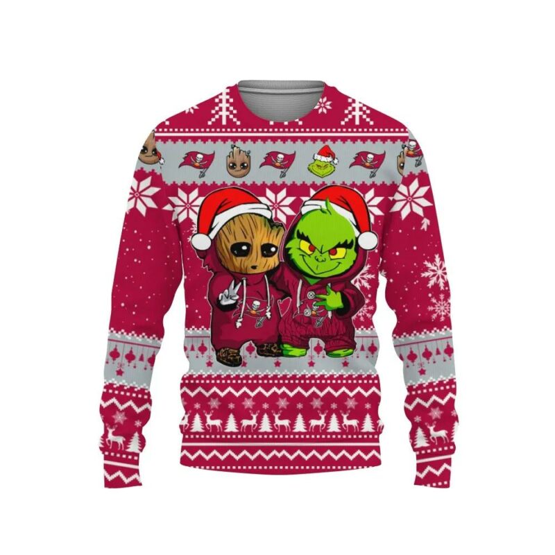 Tampa Bay Buccaneers Baby Groot And Grinch Best Friends Ugly Christmas Sweater, NFL Christmas Sweater
