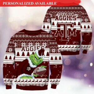 Texas A&amp;M Aggies Grin Football Christmas Ugly Christmas Sweater, NCAA Christmas Sweater