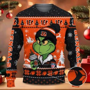 The Grinch Drink Coffee Cincinnati Bengals Ugly Christmas Sweater, NFL Christmas Sweater
