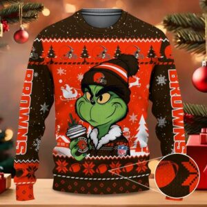 The Grinch Drink Coffee Cleveland Browns Ugly Christmas Sweater, NFL Christmas Sweater