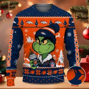 The Grinch Drink Coffee Denver Broncos Ugly Christmas Sweater, NFL Christmas Sweater