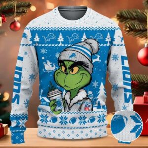 The Grinch Drink Coffee Detroit Lions Ugly Christmas Sweater, NFL Christmas Sweater