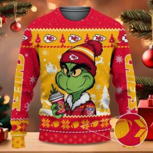 The Grinch Drink Coffee Kansas City Chiefs Ugly Christmas Sweater, NFL Christmas Sweater