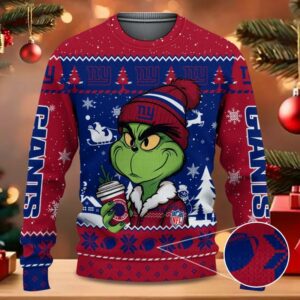 The Grinch Drink Coffee New York Giants Ugly Christmas Sweater, NFL Christmas Sweater