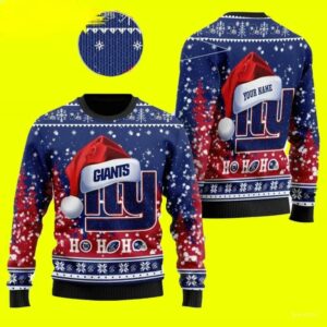 Wearing Santa Hat Custom Personalized New York Giants Ugly Christmas Sweater, NFL Christmas Sweater