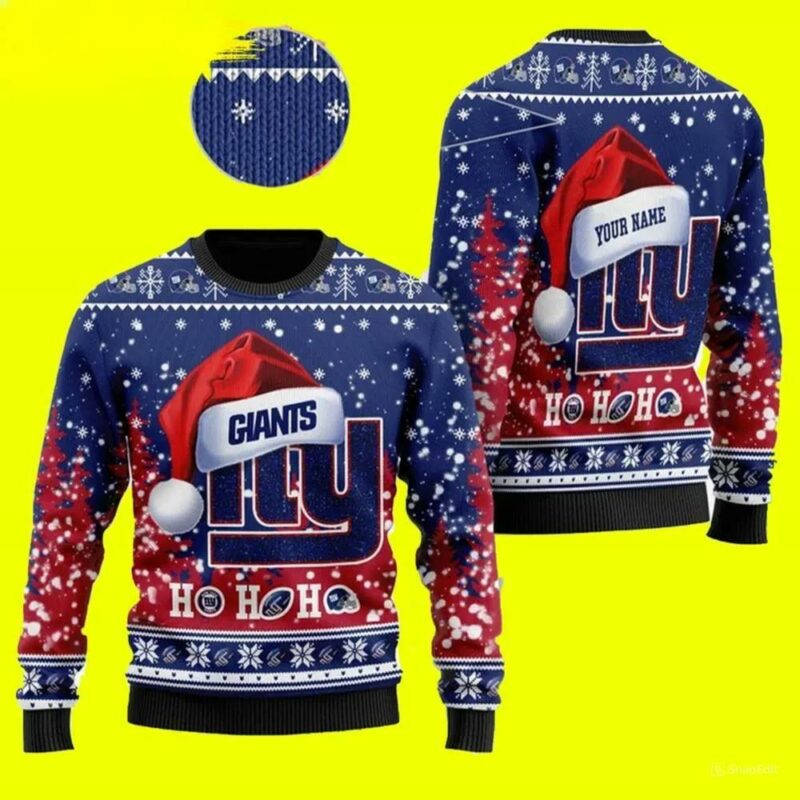 Wearing Santa Hat Custom Personalized New York Giants Ugly Christmas Sweater, NFL Christmas Sweater