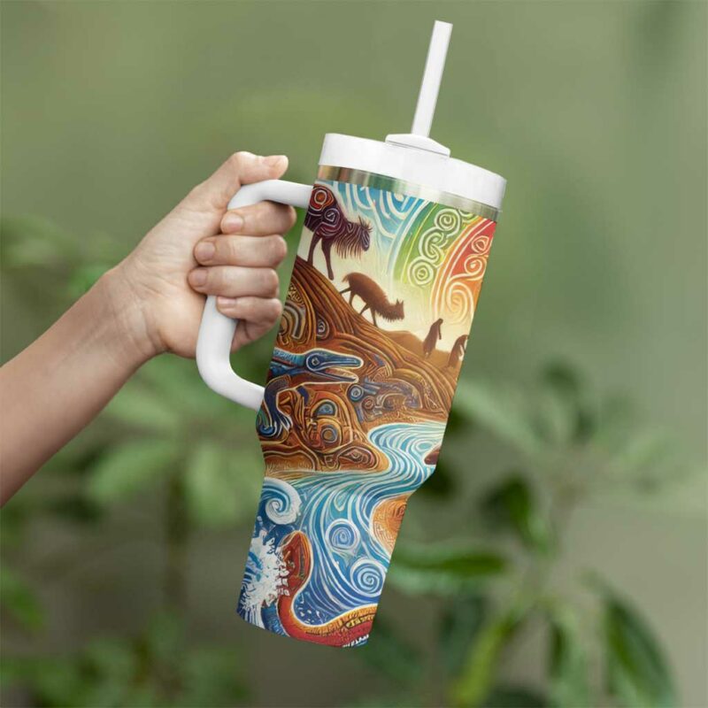 Aboriginal Dreamtime Animals Stories Custom Stanley Quencher 40oz Stainless Steel Tumbler With Handle - Threewoofs - Image 4