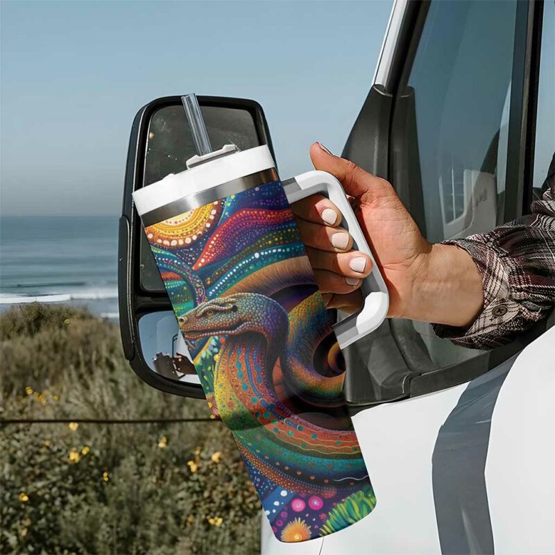 Aboriginal Dreamtime Rainbow Serpent Custom Stanley Quencher 40oz Stainless Steel Tumbler With Handle - Threewoofs - Image 7