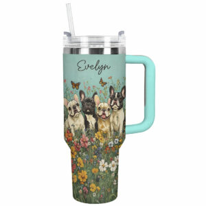 Adorable French Bulldogs Custom Stanley Quencher 40oz Stainless Steel Tumbler With Handle - Threewoofs