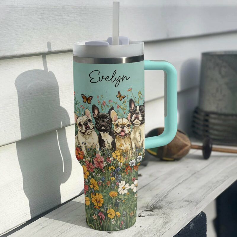 Adorable French Bulldogs Custom Stanley Quencher 40oz Stainless Steel Tumbler With Handle - Threewoofs - Image 2