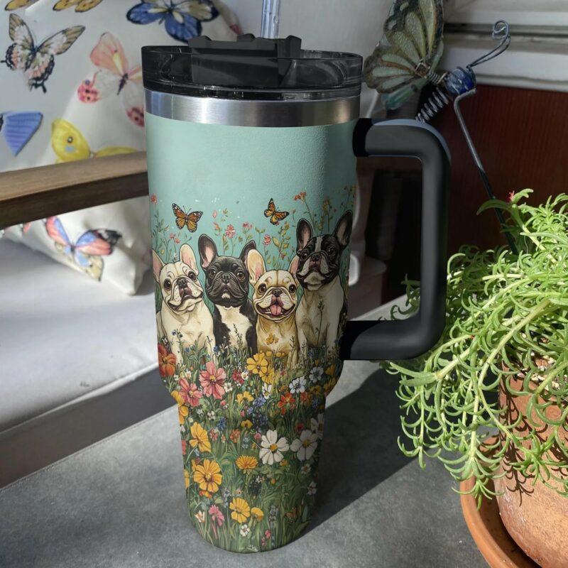 Adorable French Bulldogs Custom Stanley Quencher 40oz Stainless Steel Tumbler With Handle - Threewoofs - Image 3