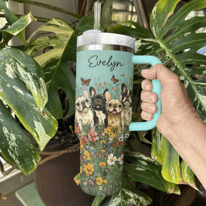 Adorable French Bulldogs Custom Stanley Quencher 40oz Stainless Steel Tumbler With Handle - Threewoofs - Image 4