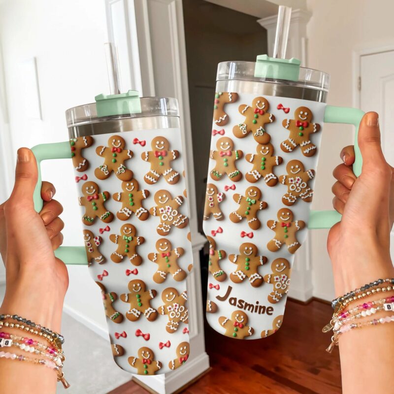 Adorable Gingerbread Christmas Custom Stanley Quencher 40oz Stainless Steel Tumbler With Handle - Threewoofs - Image 3