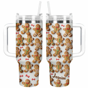 Adorable Gingerbread Christmas Custom Stanley Quencher 40oz Stainless Steel Tumbler With Handle - Threewoofs