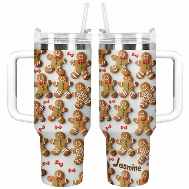Adorable Gingerbread Christmas Custom Stanley Quencher 40oz Stainless Steel Tumbler With Handle - Threewoofs